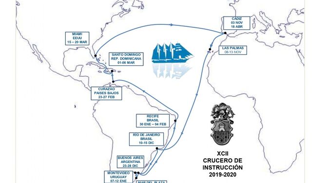 El mapa de los destinos de Elcano en el XCII crucero de instrucción.