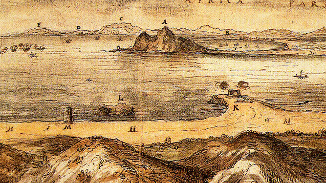 Las costas del Estrecho en 1567. En el centro, el peñón de Gibraltar; detrás, la bahía de Algeciras y, en último plano, la costa africana y Ceuta